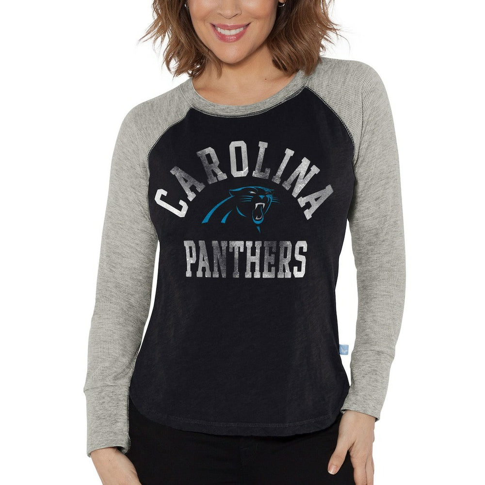 Carolina Panthers G-III 4Her by Carl Banks Women's Waffle Knit Raglan Long Sleeve T-Shirt - Black/Heather Gray T-shirts