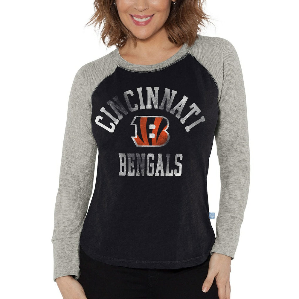 Cincinnati Bengals G-III 4Her by Carl Banks Women's Waffle Knit Raglan Long Sleeve T-Shirt - Black/Heather Gray T-shirts