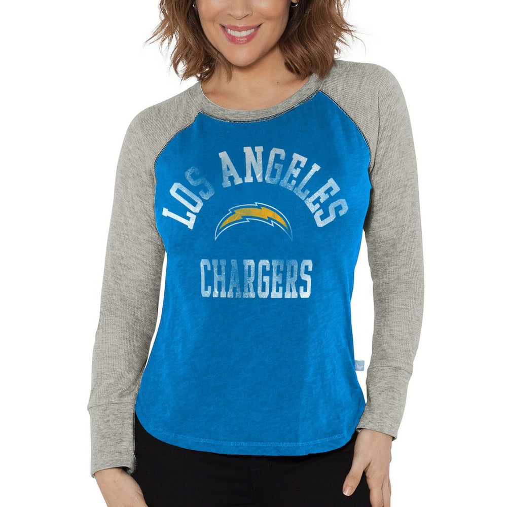 Los Angeles Chargers G-III 4Her by Carl Banks Women's Waffle Knit Raglan Long Sleeve T-Shirt - Powder Blue/Heather Gray T-shirts