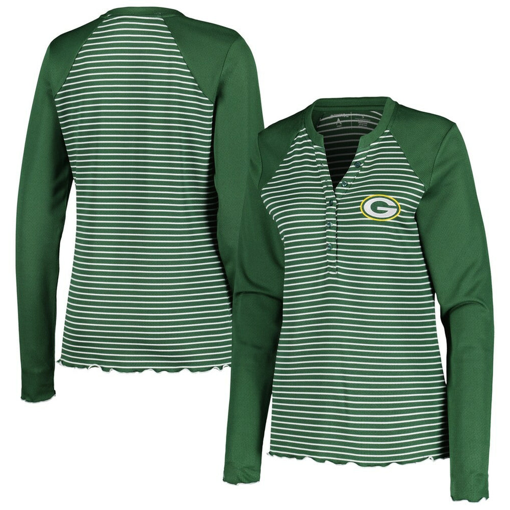 Green Bay Packers Antigua Women's Maverick Waffle Henley Long Sleeve T-Shirt - Green T-shirts