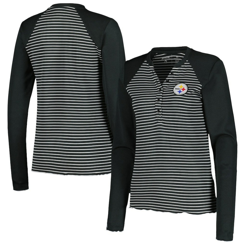 Pittsburgh Steelers Antigua Women's Maverick Waffle Henley Long Sleeve T-Shirt - Black T-shirts