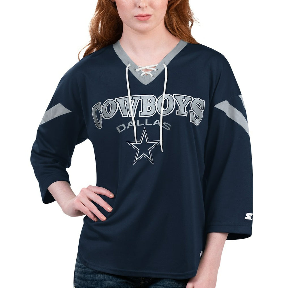 Dallas Cowboys Starter Women's Rally Lace-Up 3/4-Sleeve T-Shirt - Navy T-shirts
