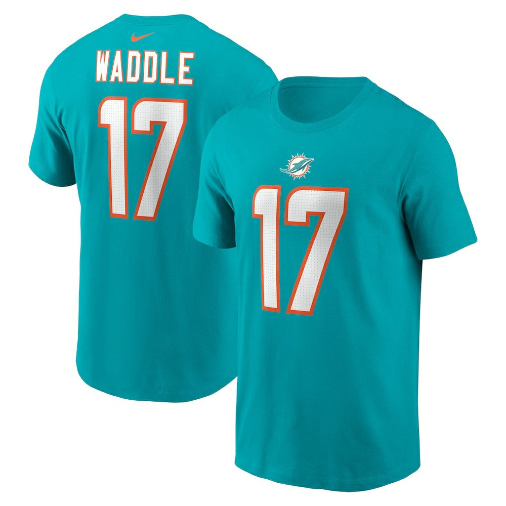 Jaylen Waddle Miami Dolphins Player Name & Number T-Shirt - Aqua T-shirts