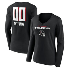 Atlanta Falcons Women's Personalized Name & Number Team Wordmark Long Sleeve V-Neck T-Shirt - Black T-shirts