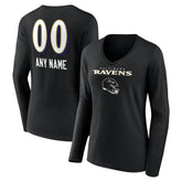 Baltimore Ravens Women's Personalized Name & Number Team Wordmark Long Sleeve V-Neck T-Shirt - Black T-shirts