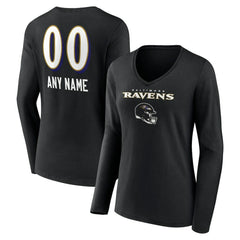 Baltimore Ravens Women's Personalized Name & Number Team Wordmark Long Sleeve V-Neck T-Shirt - Black T-shirts
