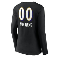 Baltimore Ravens Women's Personalized Name & Number Team Wordmark Long Sleeve V-Neck T-Shirt - Black T-shirts