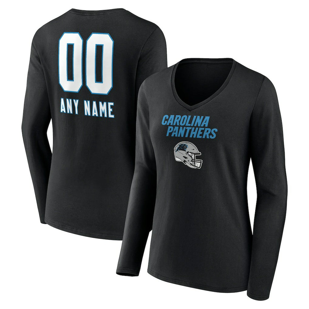Carolina Panthers Women's Personalized Name & Number Team Wordmark Long Sleeve V-Neck T-Shirt - Black T-shirts