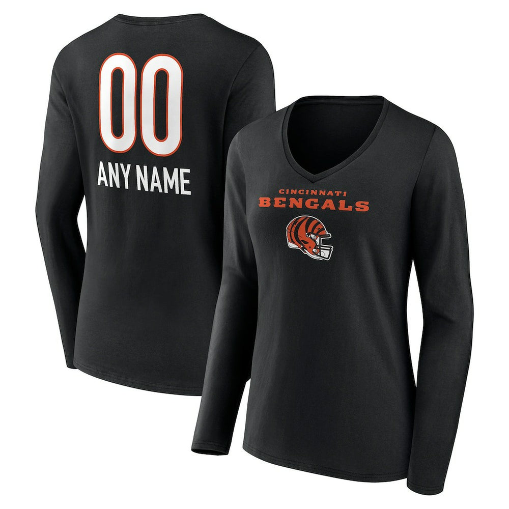 Cincinnati Bengals Women's Personalized Name & Number Team Wordmark Long Sleeve V-Neck T-Shirt - Black T-shirts