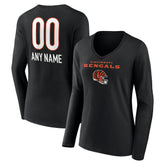 Cincinnati Bengals Women's Personalized Name & Number Team Wordmark Long Sleeve V-Neck T-Shirt - Black T-shirts