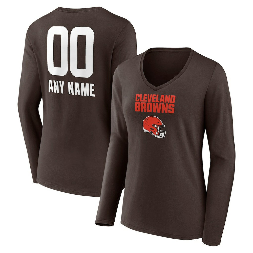 Cleveland Browns Women's Personalized Name & Number Team Wordmark Long Sleeve V-Neck T-Shirt - Brown T-shirts