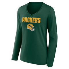 Green Bay Packers Women's Personalized Name & Number Team Wordmark Long Sleeve V-Neck T-Shirt - Green T-shirts