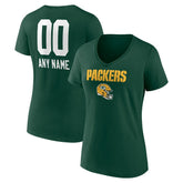 Green Bay Packers Women's Personalized Name & Number Team Wordmark V-Neck T-Shirt - Green T-shirts