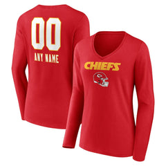 Kansas City Chiefs Women's Personalized Name & Number Team Wordmark Long Sleeve V-Neck T-Shirt - Red T-shirts