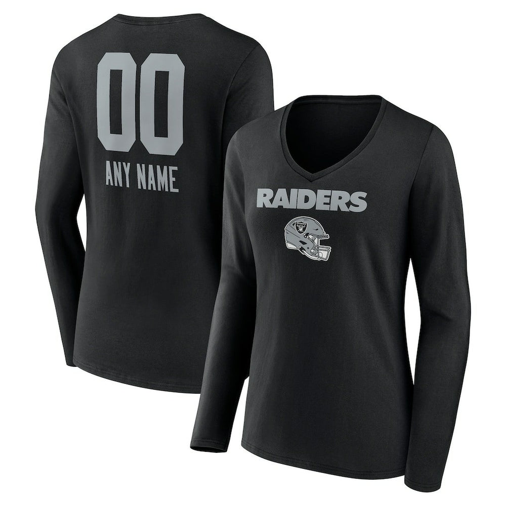 Las Vegas Raiders Women's Personalized Name & Number Team Wordmark Long Sleeve V-Neck T-Shirt - Black T-shirts