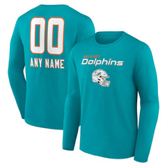 Miami Dolphins Personalized Name & Number Team Wordmark Long Sleeve T-Shirt - Aqua T-shirts