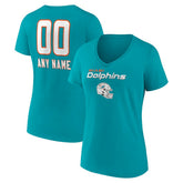 Miami Dolphins Women's Personalized Name & Number Team Wordmark V-Neck T-Shirt - Aqua T-shirts