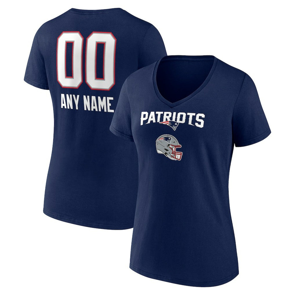 New England Patriots Women's Personalized Name & Number Team Wordmark V-Neck T-Shirt - Navy T-shirts
