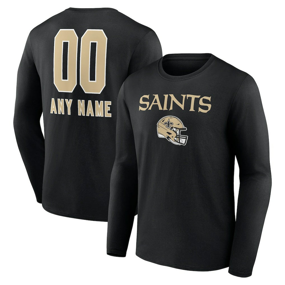 New Orleans Saints Personalized Name & Number Team Wordmark Long Sleeve T-Shirt - Black T-shirts