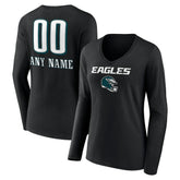 Philadelphia Eagles Women's Personalized Name & Number Team Wordmark Long Sleeve V-Neck T-Shirt - Black T-shirts