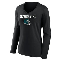 Philadelphia Eagles Women's Personalized Name & Number Team Wordmark Long Sleeve V-Neck T-Shirt - Black T-shirts
