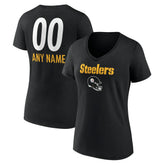 Pittsburgh Steelers Women's Personalized Name & Number Team Wordmark V-Neck T-Shirt - Black T-shirts