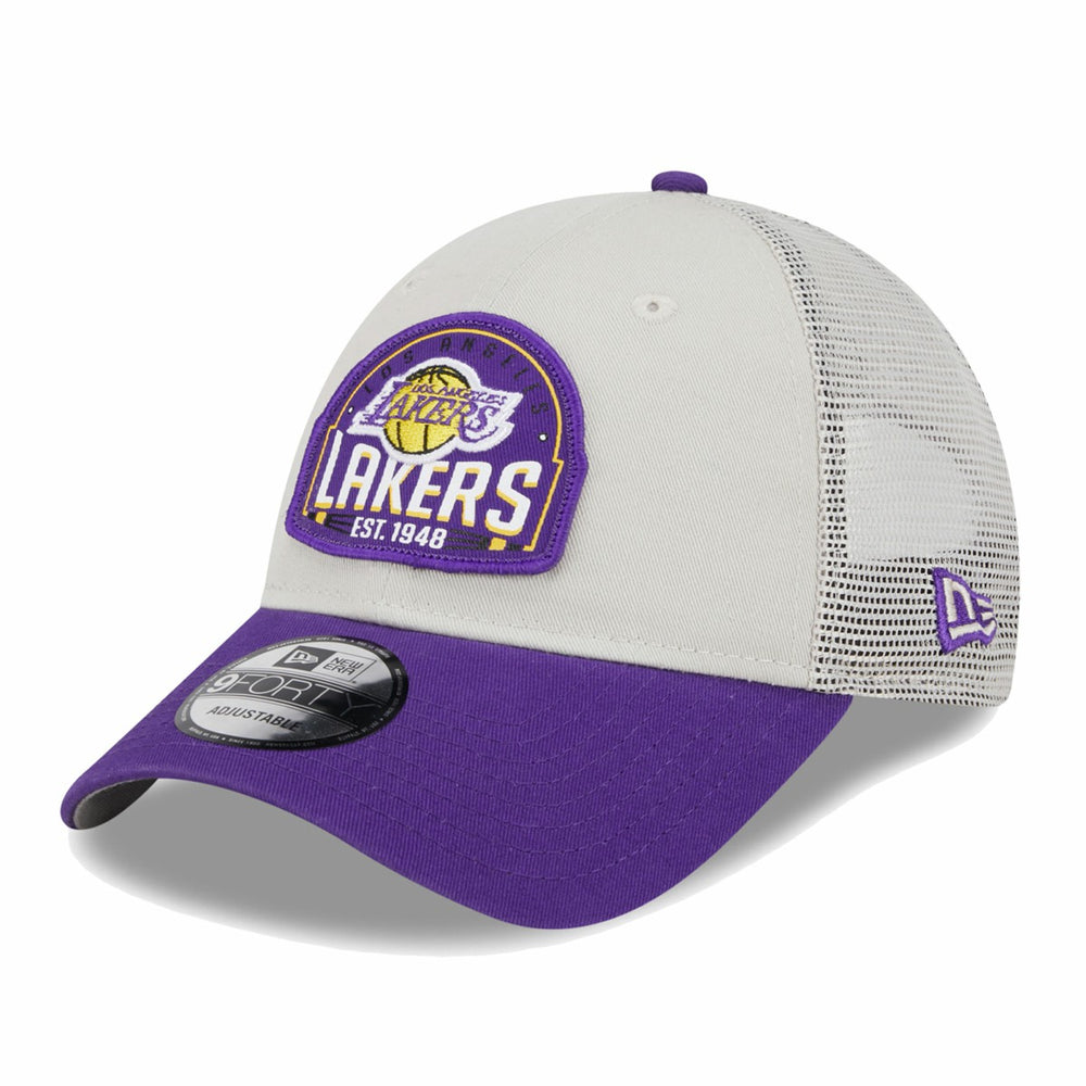 Los Angeles Lakers Throwback Patch Trucker 9FORTY Adjustable Hat Khaki/Purple - New Era
