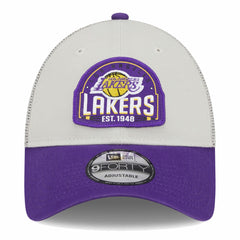 Los Angeles Lakers Throwback Patch Trucker 9FORTY Adjustable Hat Khaki/Purple - New Era