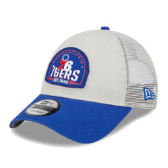 Philadelphia 76ers Throwback Patch Trucker 9FORTY Adjustable Hat Khaki/Royal - New Era