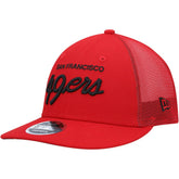 San Francisco 49ers New Era Black Excellence Collection Wordmark Trucker Low Profile 9FIFTY Snapback Hat - Scarlet Hats