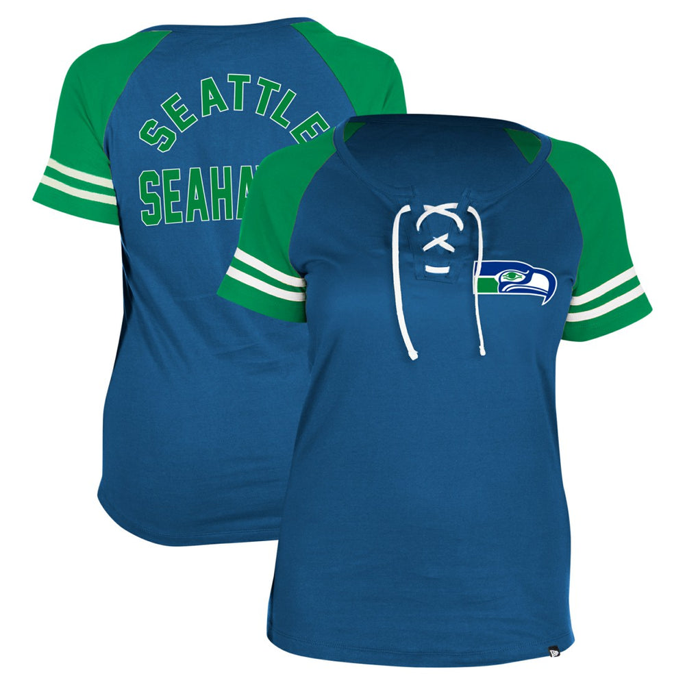 Seattle Seahawks New Era Women's Throwback Lace-Up Raglan T-Shirt - Royal T-shirts