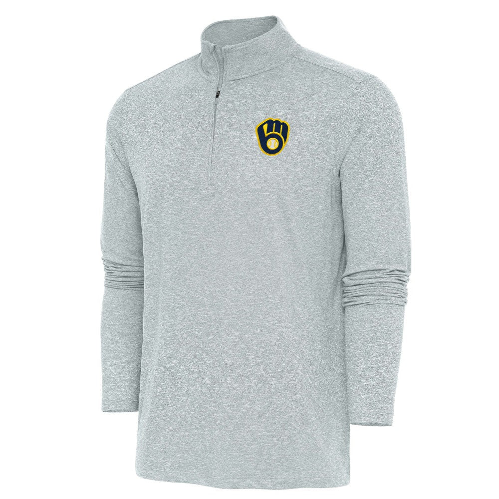 Milwaukee Brewers Antigua Hunk Quarter-Zip Pullover Top - Heather Gray Pullover
