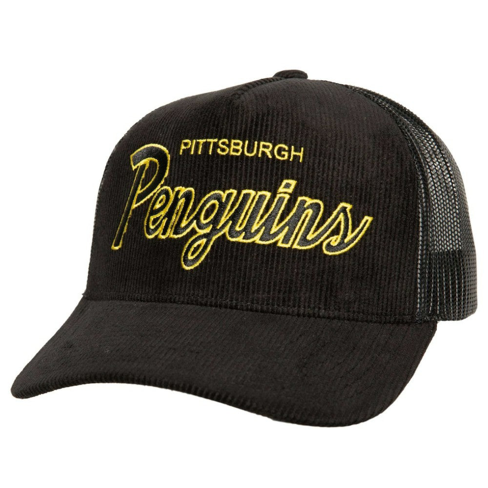 Pittsburgh Penguins Mitchell & Ness Times Up Classic Script Cord Trucker Adjustable Hat - Black | US 200440379