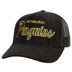 Pittsburgh Penguins Mitchell & Ness Times Up Classic Script Cord Trucker Adjustable Hat - Black | US 200440379