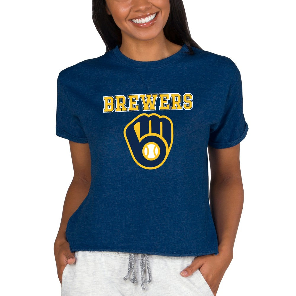 Milwaukee Brewers Concepts Sport Women's Tri-Blend Mainstream Terry Short Sleeve Sweatshirt Top - Navy Sweatshirts