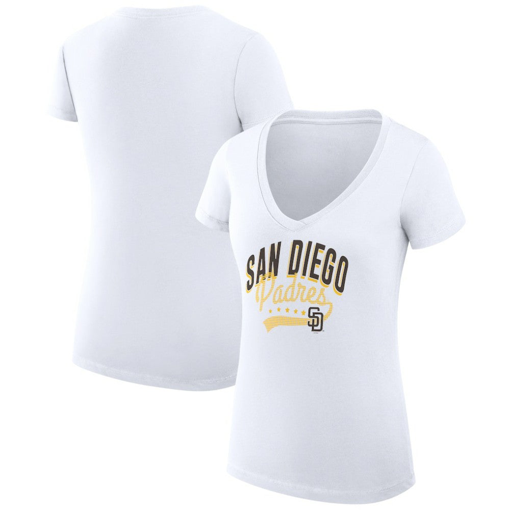San Diego Padres G-III 4Her by Carl Banks Women's Super-Slim Fit Lightweight Filigree Team V-Neck T-Shirt - White T-shirts