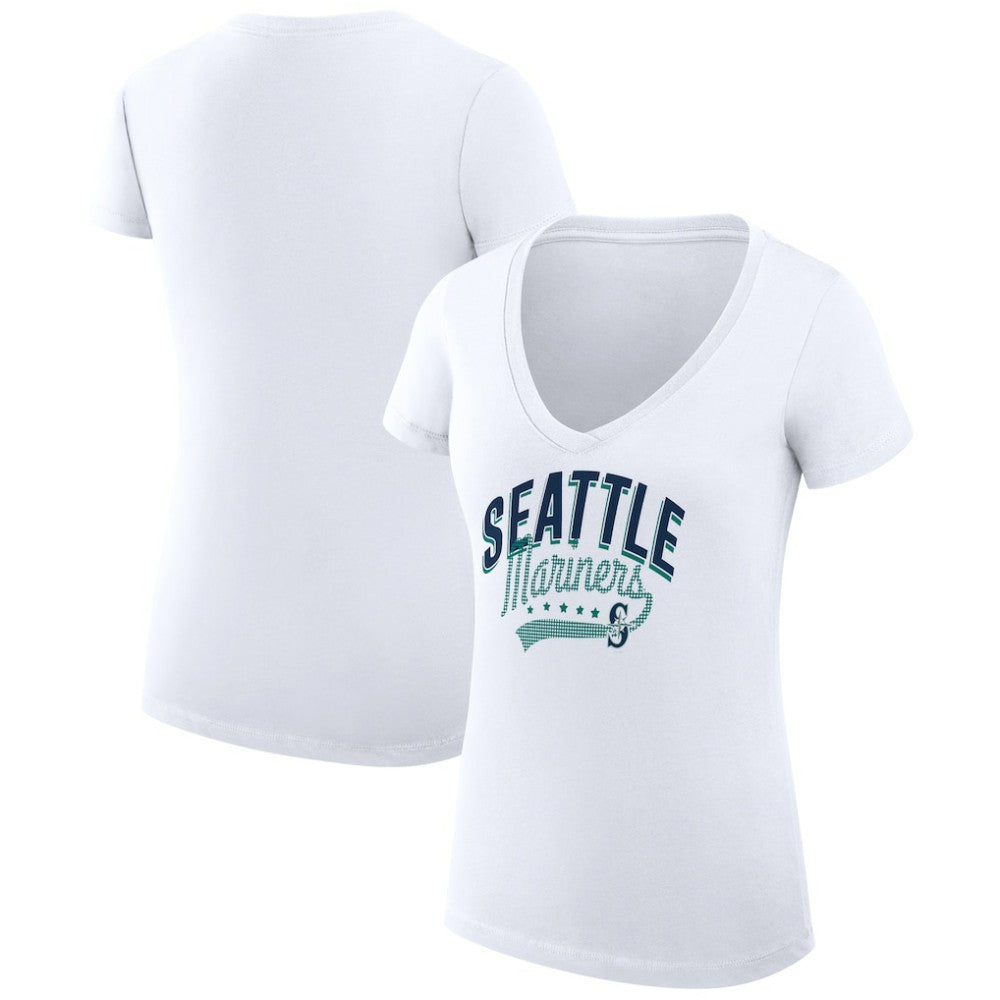Seattle Mariners G-III 4Her by Carl Banks Women's Super-Slim Fit Lightweight Filigree Team V-Neck T-Shirt - White T-shirts