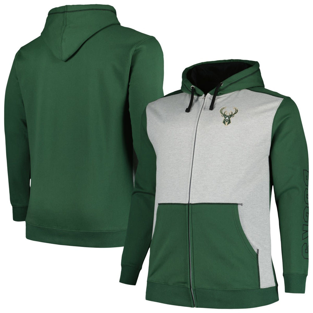 Milwaukee Bucks Big & Tall Contrast Pieced Stitched Full-Zip Hoodie Hunter Green/Heather Gray - Fanatics outlet