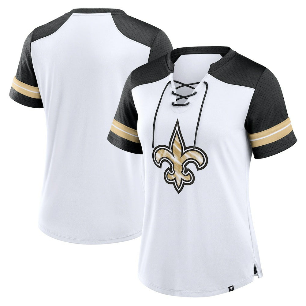 New Orleans Saints Women's Foiled Primary Lace-Up T-Shirt - White/Black T-shirts