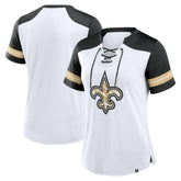 New Orleans Saints Women's Foiled Primary Lace-Up T-Shirt - White/Black T-shirts