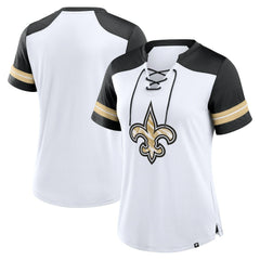 New Orleans Saints Women's Foiled Primary Lace-Up T-Shirt - White/Black T-shirts
