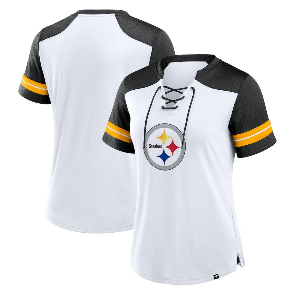 Pittsburgh Steelers Women's Foiled Primary Lace-Up T-Shirt - White/Black T-shirts