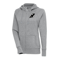 New Jersey Devils Antigua Women's Metallic Logo Victory Full-Zip Hoodie - Heather Gray | US 200544901