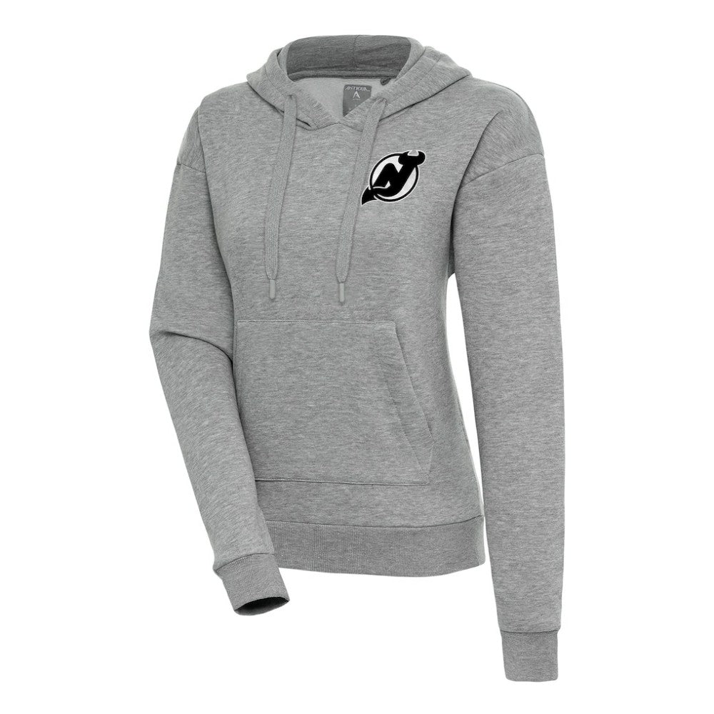 New Jersey Devils Antigua Women's Metallic Logo Victory Pullover Hoodie - Heather Gray | US 200545043