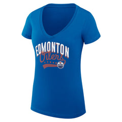 Edmonton Oilers G-III 4Her by Carl Banks Women's Super-Slim Fit Lightweight Filigree Logo V-Neck T-Shirt – Royal | US 200559487