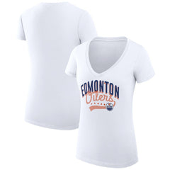 Edmonton Oilers G-III 4Her by Carl Banks Women's Super-Slim Fit Lightweight Filigree Logo V-Neck T-Shirt – White | US 200559572