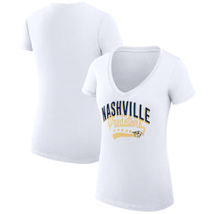 Nashville Predators G-III 4Her by Carl Banks Women's Super-Slim Fit Lightweight Filigree Logo V-Neck T-Shirt – White | US 200559577