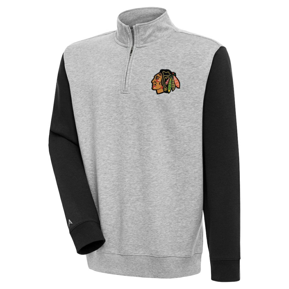 Chicago Blackhawks Antigua Victory Colorblock Quarter-Zip Pullover Top - Heather Gray/Black | US 200570813