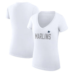 Miami Marlins G-III 4Her by Carl Banks Women's Super-Slim Fit Lightweight Dot Print V-Neck T-Shirt - White T-shirts