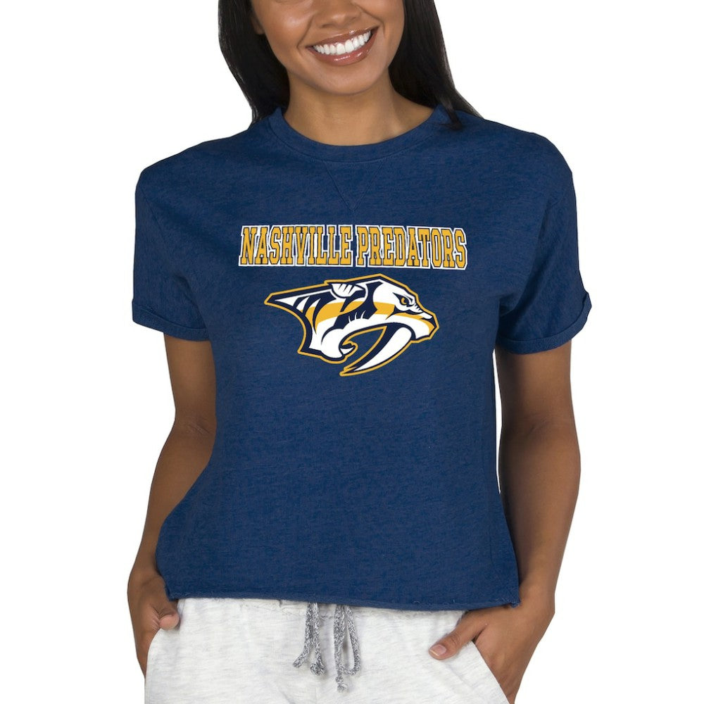 Nashville Predators Concepts Sport Women's Tri-Blend Mainstream Terry Short Sleeve Sweatshirt Top - Navy | US 200596354